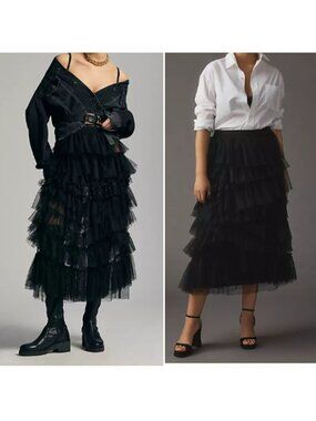 Ruffled Tulle Midi Skirt Size XS Black Mesh Tiered Goth Grunge Tutu Pettiskirt